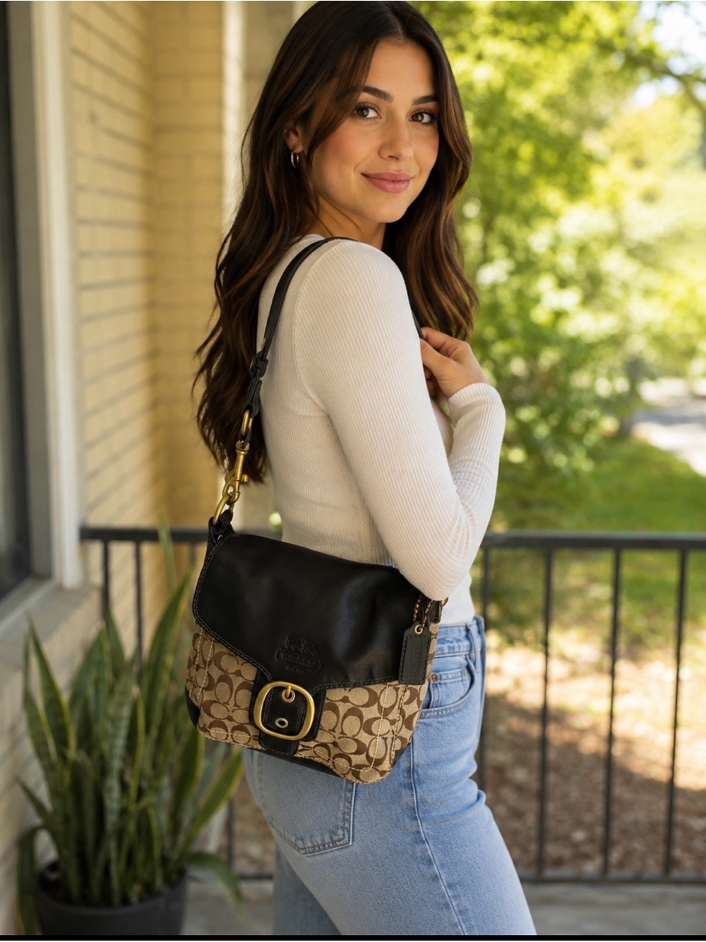Coach Bleecker Legacy Signature Buckle Flap Hobo Bag Khaki Mahogany Style 11434